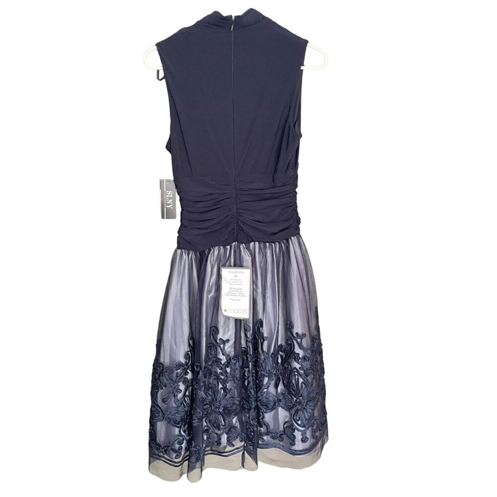 SLNY Missy Blue Fit & Flare Cocktail Party Dress Sleeveless Navy Size 6 Stretch - Picture 6 of 16